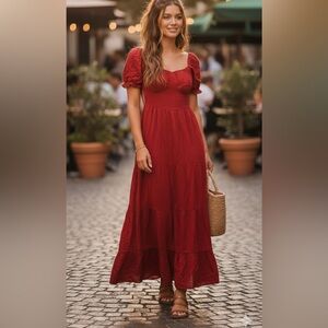 Hollister True Red Maxi Dress – Women's Size M Tall – Puff Sleeve Open Back EUC